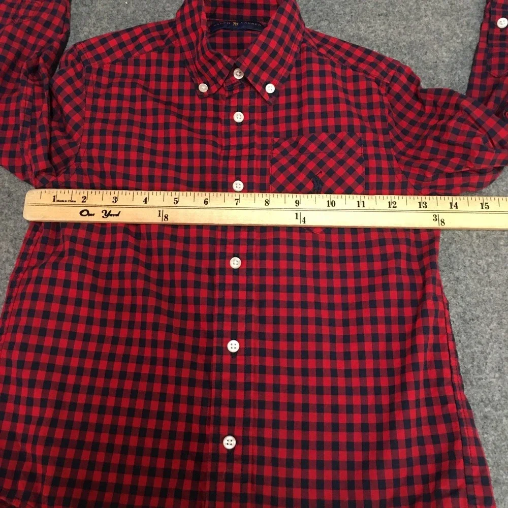 Ralph Lauren Gingham Button Down Shirt Boys Size 5 Red Navy Blue Woven Cotton